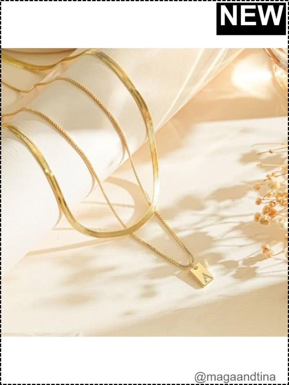 14K Gold Plated Layered Initial Necklace Set with Herringbone Chain Women